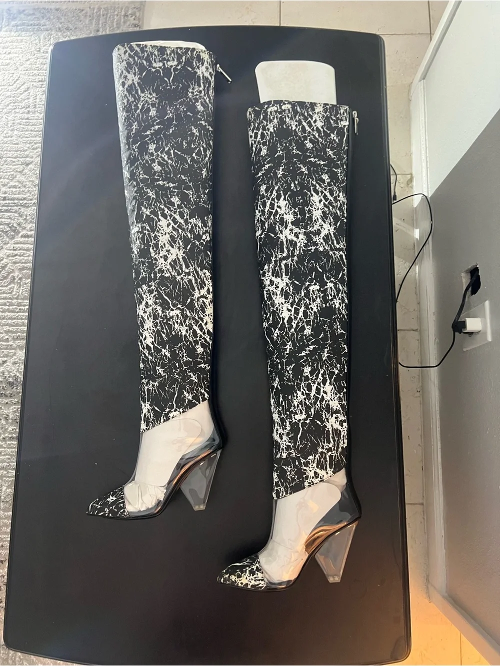Balmain Black and White Marble Over-the-Knee Pointed Boot
